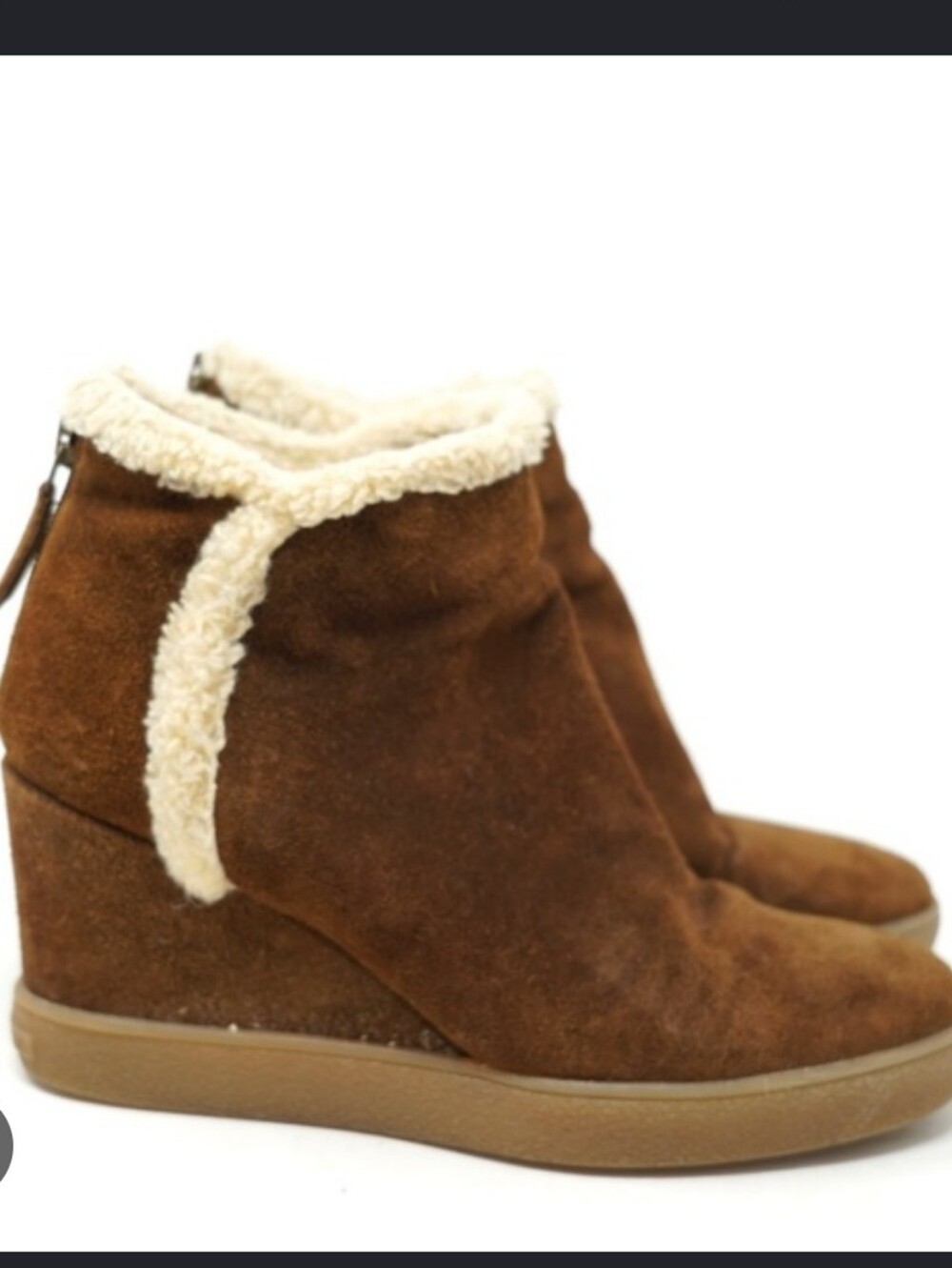 Aquatalia Brown Suede Wedge Ankle Boots with Cream Shearling Trim 8.5